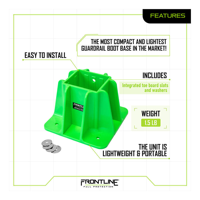 The Frontline Safety Guardrail Boot Base w/Hardware GPB200 by Frontline Fall Protection is shown in bright green, featuring a compact, lightweight 1.5 lb design, easy installation, integrated toe board slots, and includes washers.