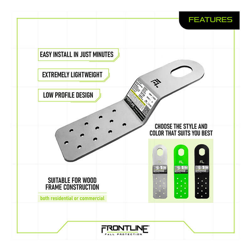 The Frontline Residential PitchFast Roof Anchor RORS01 by Frontline Fall Protection is a lightweight, low-profile anchor plate with multiple holes and logo. Designed for wood-framed residential roofs, it installs easily and comes in silver, green, or black.
