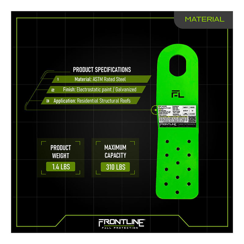 The Frontline Fall Protection Residential PitchFast Roof Anchor RORS01 is a 1.4 lb, ASTM-rated steel anchor for residential roofs, with electrostatic paint or galvanized finish, supporting up to 310 lbs for fall protection.