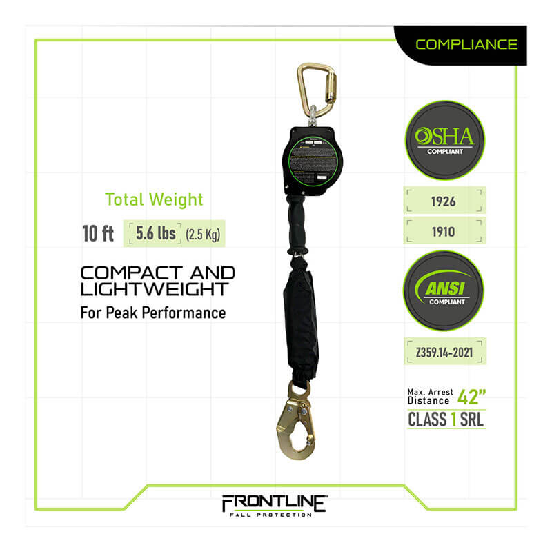 The Frontline Fall Protection Cable 10' SRL w/Steel Snap Hook End & Absorber is a Class 1 SRL with galvanized cable, steel snap hook, carabiner, OSHA/ANSI labels, 10 ft length, 5.6 lbs weight, and a max arrest distance of 42 inches.