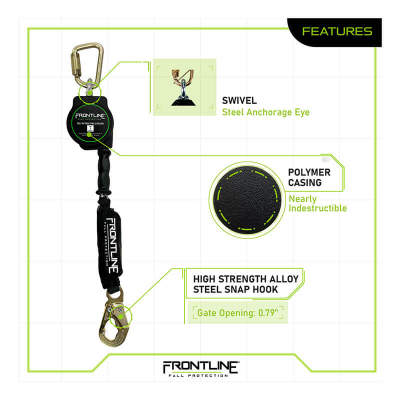 The Frontline Cable 10' SRL w/Steel Snap Hook End & Absorber by Frontline Fall Protection features a galvanized cable, steel anchorage eye with swivel, tough polymer casing, and high-strength alloy steel snap hook with 0.79” gate opening.