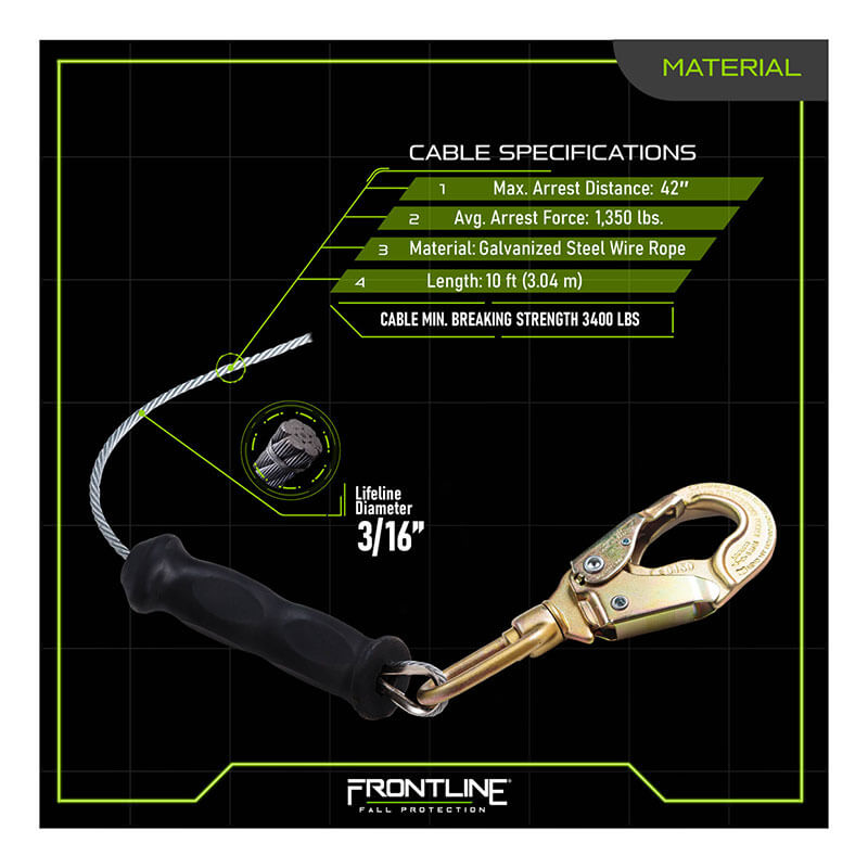 The Frontline Cable 10' SRL by Frontline Fall Protection features a steel snap hook end and absorber, offers a 42" max arrest distance, 1,350 lbs avg. arrest force, 10 ft length, and 3,400 lbs breaking strength—ideal for fall protection.