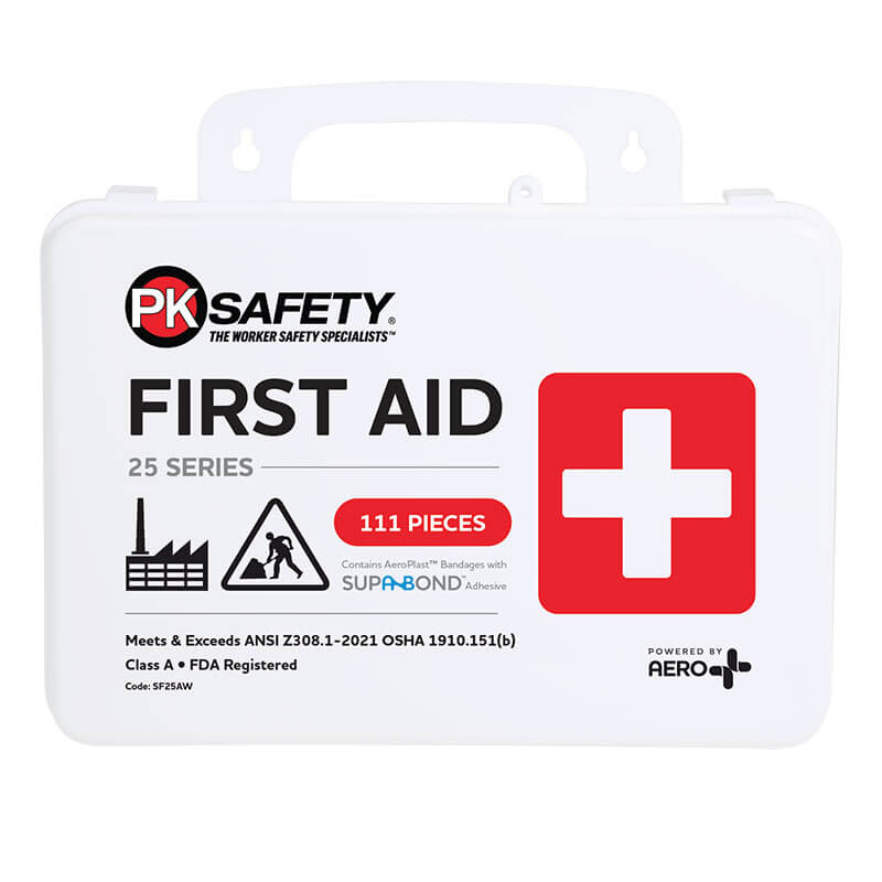 The PK Safety 25 Series Weatherproof First Aid Kit 2021 in white showcases a red cross symbol and text stating "25 Series" with "111 Pieces." Compliant with ANSI Z308.1-2021 and OSHA 1910.151(b), it provides extensive compliance information. Manufactured by Aero Healthcare, it ensures reliability under any conditions.