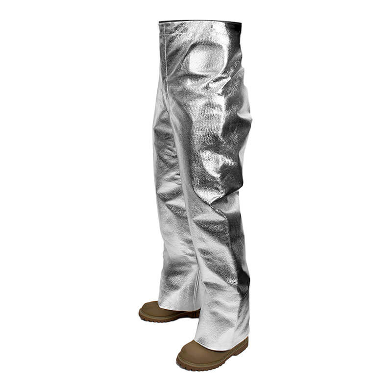 The NSA CARBON ARMOUR SILVERS 19 oz. Aluminized Pants T45NL_ _X32 are silver pants crafted by NSA for protective use in high-heat environments. Made from a heat-resistant material, these flame-resistant pants feature a design devoid of visible waistband or fastenings, complemented by brown boot-like footwear at the bottom to enhance practicality.