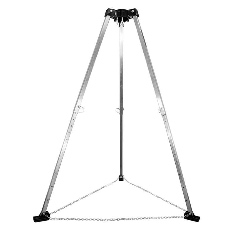 The Frontline Fall Production Patriot 7' Confined Space Aluminum Tripod TAN07-US features three adjustable legs and a stabilizing chain—ideal for confined space entry or as part of a fall arrest system.