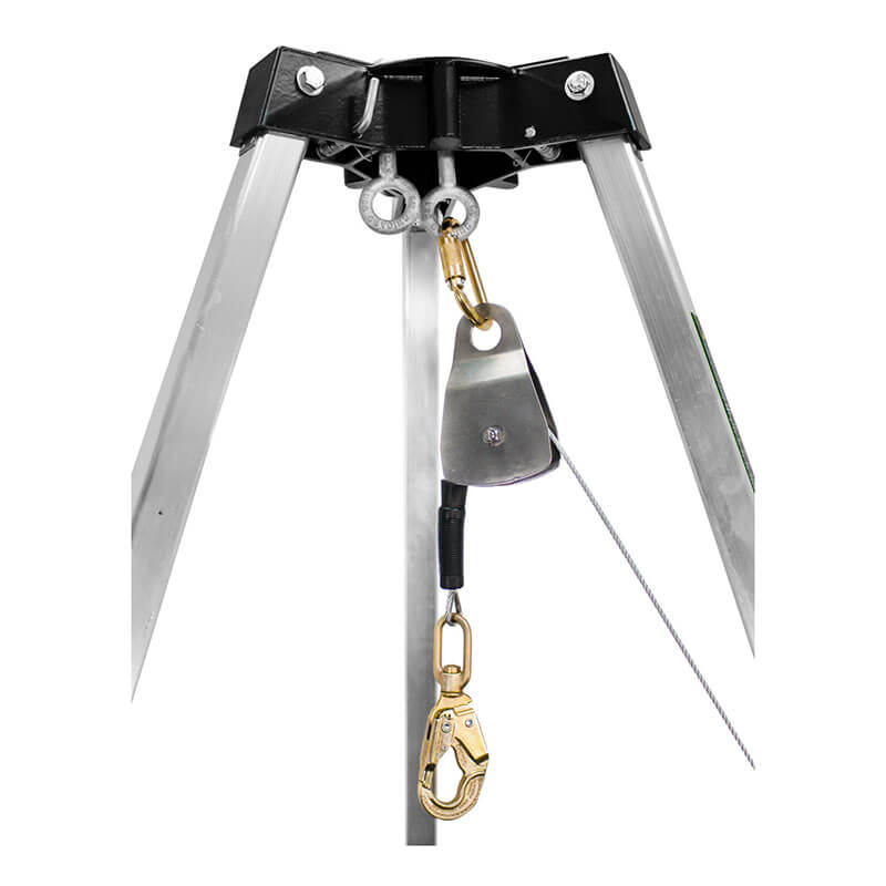 A close-up of the Frontline Patriot 7' Confined Space Aluminum Tripod TAN07-US by Frontline Fall Production, highlighting its metal legs, pulley system, steel cable, and gold carabiner on the center support plate.