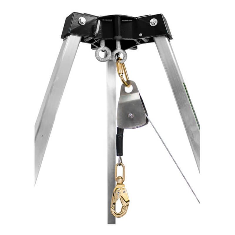A close-up of the Frontline Patriot 7' CS Tripod w/3-Way Retrieval System by Frontline Fall Production shows its durable aluminum build, metal pulley, cable, and carabiner attached to the center support.