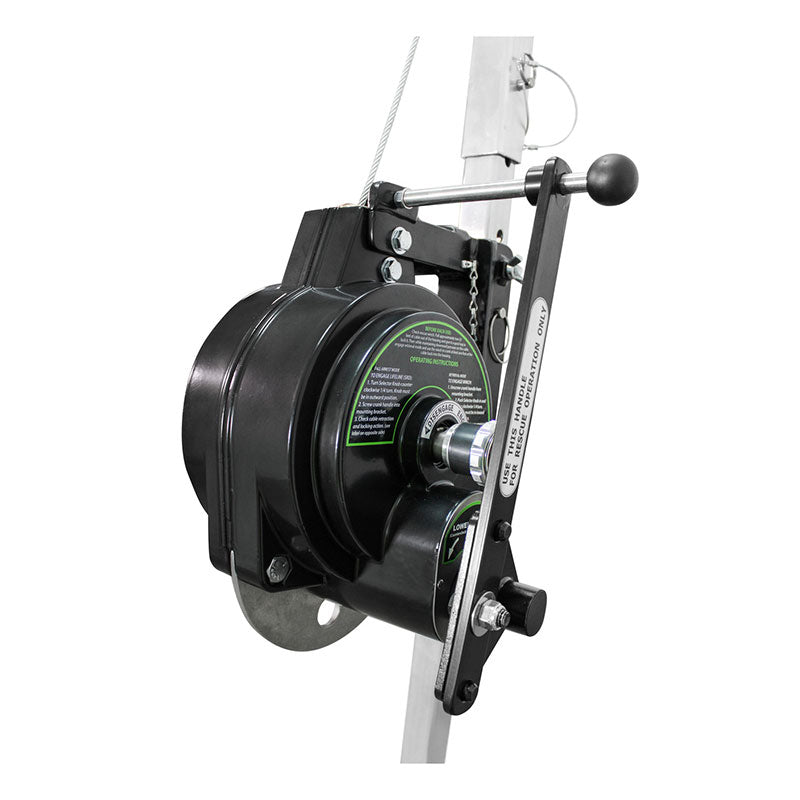 A close-up of the Frontline Patriot 50' 3-Way Retrieval & SRL RAG503W-US by Frontline Fall Protection, mounted on a metal pole with crank handle and cable—perfect for fall arrest in confined spaces.