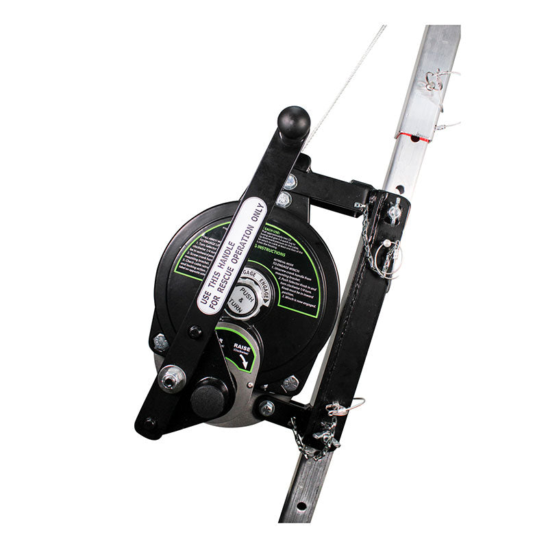 A close-up of the Frontline Patriot 50' 3-Way Retrieval & SRL RAG503W-US by Frontline Fall Protection, a manual cable winch with a hand crank and instructional labels, attached to a metal ladder for lifting or lowering objects.