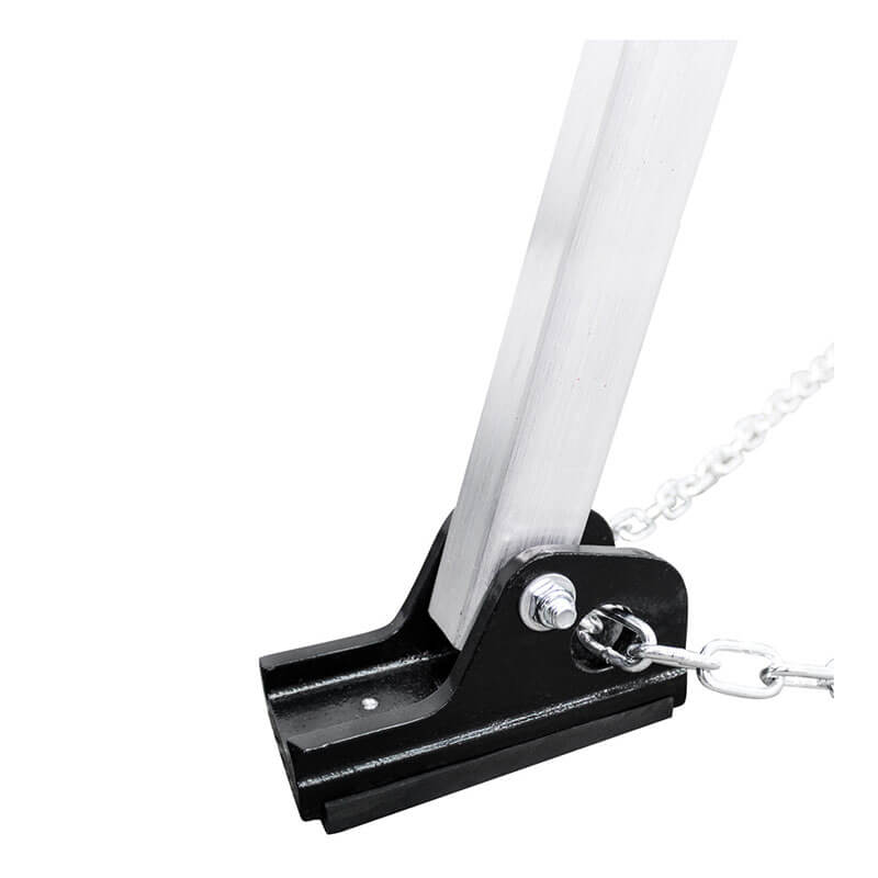 Close-up of the black bracket and slanted silver pole on the Frontline Patriot 7' Confined Space Aluminum Tripod TAN07-US by Frontline Fall Production, part of a fall arrest system designed for sturdy support in confined spaces.