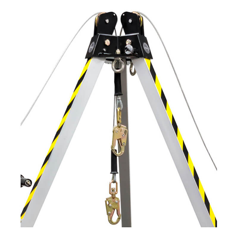 The Frontline MEGApod Aluminum Tripod w/60' Winch & 3-Way SRL by Frontline Fall Protection features black and yellow striped legs and is designed for fall protection or confined space rescue operations.