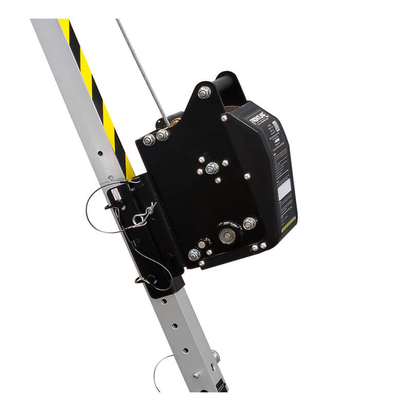 A close-up of the Frontline MEGApod Aluminum Tripod with 60' Winch & 3-Way SRL by Frontline Fall Protection, showing the black mechanical winch attached to a striped metal pole with visible bolts, pins, and cables.