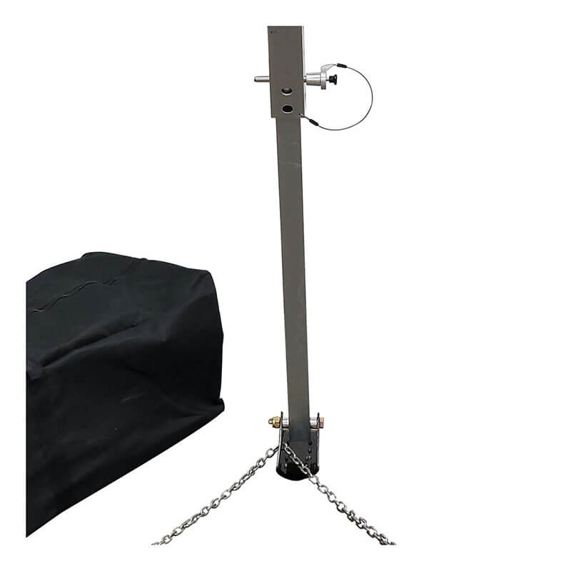 A Frontline Fall Protection MEGApod Aluminum Tripod w/60' Winch & 3-Way SRL features a metal support post, secured with a pin and chain, plus two base chains. A self-retracting lifeline and black covered item are partly visible on the left.