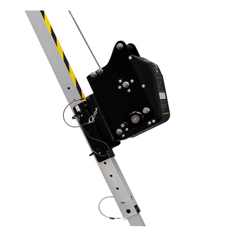Close-up of the Frontline MEGApod Aluminum Tripod with 60' Winch by Frontline Fall Protection, mounted on a metal pole with black and yellow caution stripes; designed for lifting or non-entry rescue operations.