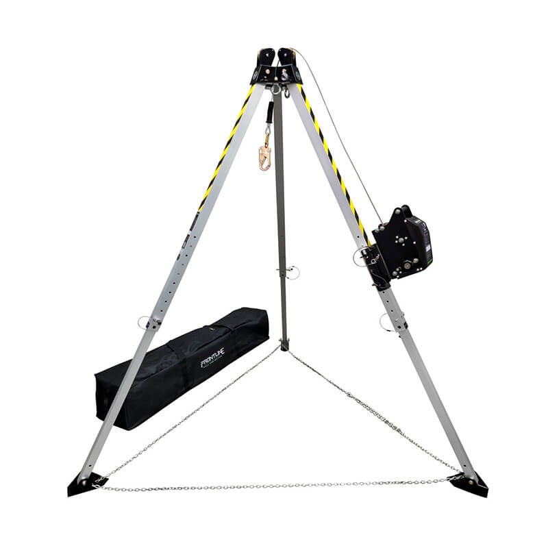 The Frontline Fall Protection MEGApod Aluminum Tripod with 60' Winch features extendable legs, safety chains, a pulley system, and a black bag—ideal for confined space entry or non-entry rescue.