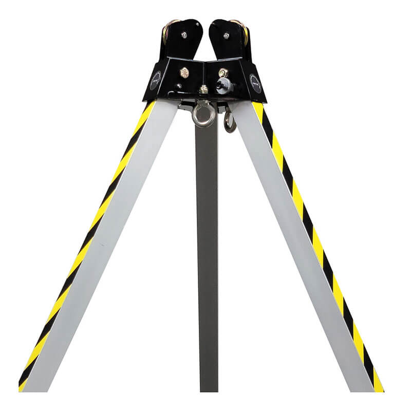 A close-up of the Frontline MEGApod Aluminum Tripod by Frontline Fall Protection shows its three legs with yellow and black diagonal safety stripes, plus metal hinges and attachment points on top.