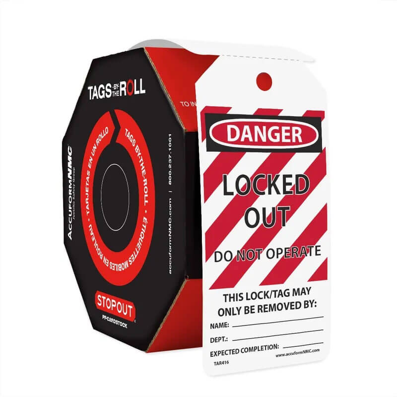 A cardboard dispenser containing a roll of Accuform OSHA Danger Tags By-The-Roll: Locked Out Do Not Operate (OSHA Style) by AccuformNMC is shown. One tag is visible, displaying a red and white striped design with the text "Danger Locked Out Do Not Operate." It includes spaces for name, department, and expected completion at the bottom, ensuring compliance with OSHA standards for workplace safety.