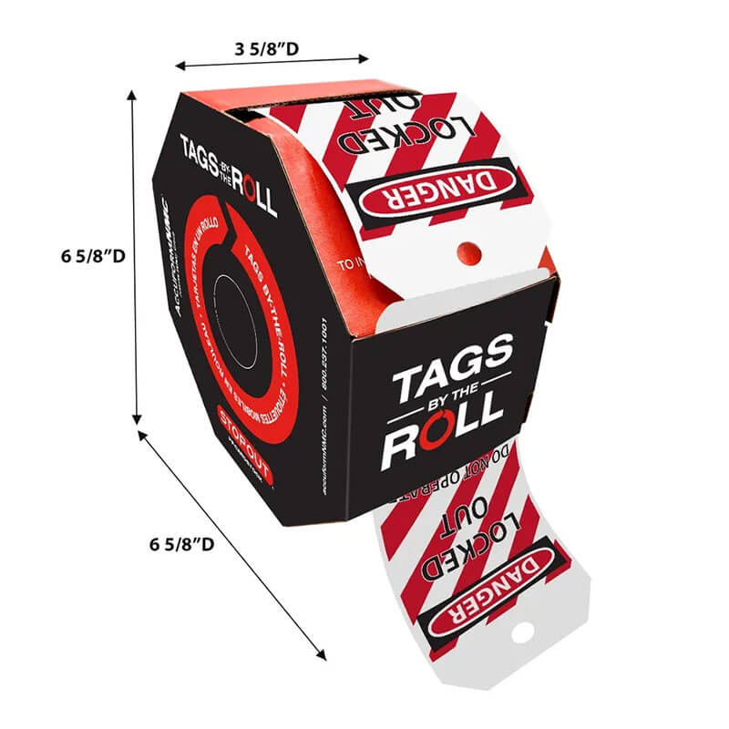 The hexagonal box of AccuformNMC's Accuform OSHA Danger Tags By-The-Roll: Locked Out Do Not Operate (OSHA Style) contains durable waterproof tags prominently featuring "Danger" and "Locked Out." These tags, which measure 6 5/8"D x 3 5/8"D, are compliant with OSHA standards and are designed for easy dispensing.