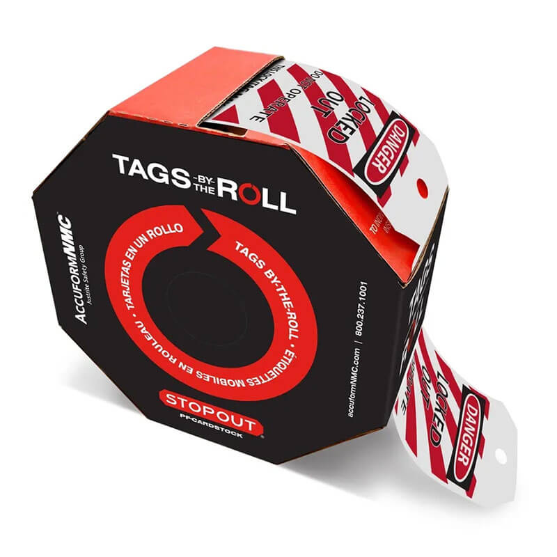 A roll of AccuformNMC's OSHA-compliant "Danger" tags, packaged in a red and black box labeled "Accuform OSHA Danger Tags By-The-Roll: Locked Out Do Not Operate (OSHA Style)," features waterproof danger tags with red and white diagonal stripes and the word "Danger" prominently displayed in bold red letters.