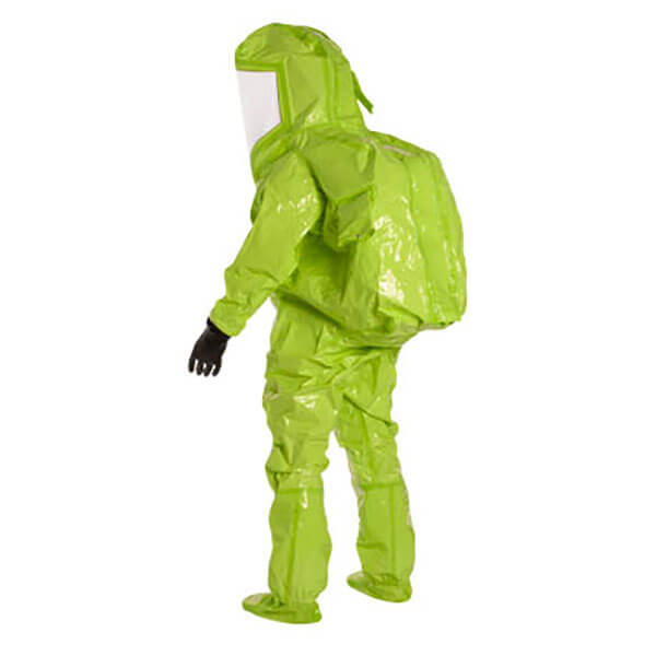 A person wearing a bright green DuPont Tychem 10000 Commander EX Level A Suit TK555T with a clear face shield and black gloves stands against a plain white background.