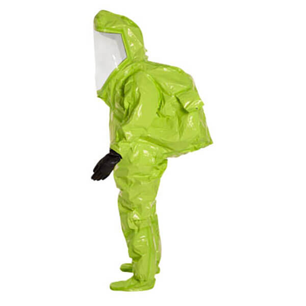 A person in profile wears a bright green DuPont Tychem 10000 Commander EX Level A Suit TK555T, featuring a clear face shield, black gloves, and protective boots, standing against a white background.