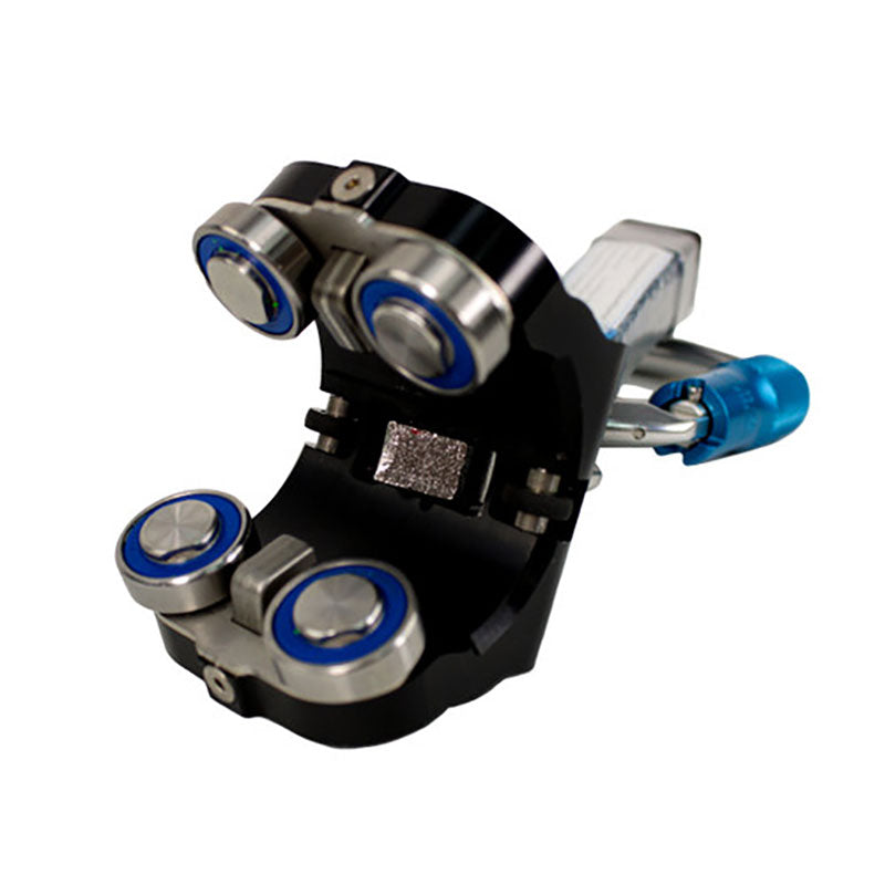 A close-up of the Frontline Securail Vertical Fall Arrest Ladder System Trolley TRR38 by Frontline Fall Protection, featuring four round blue and silver components and a blue cylindrical attachment on the right, set against a white background.