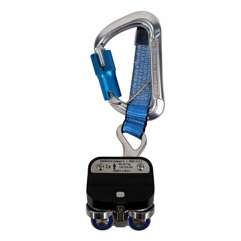 A blue webbing strap with a metal carabiner and blue lock is connected to the Frontline Securail Vertical Fall Arrest Ladder System Trolley TRR38, a black and silver dual-wheel device by Frontline Fall Protection with safety certification markings.