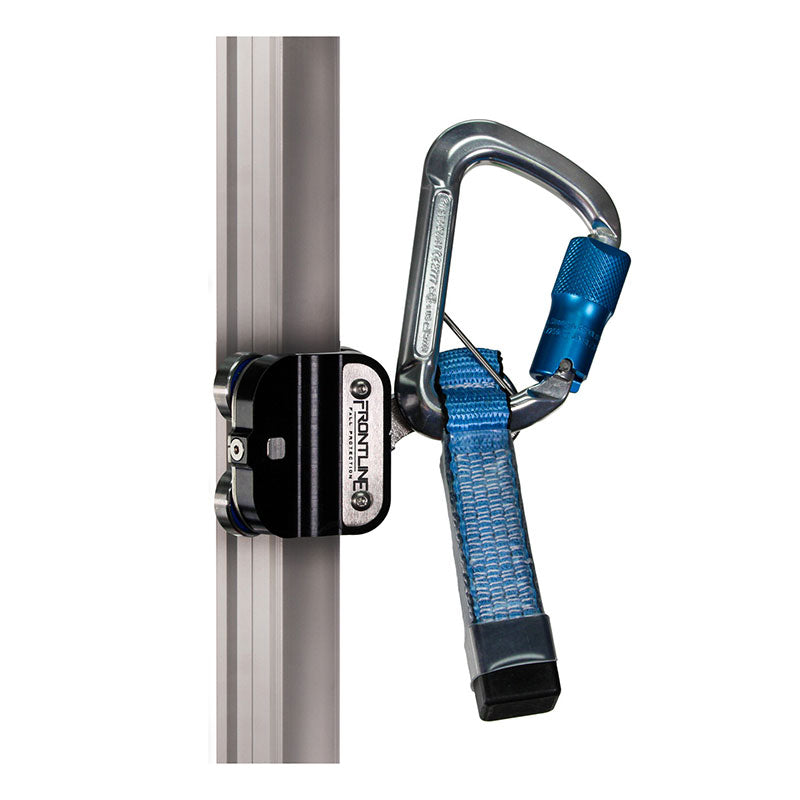 The Frontline Securail Vertical Fall Arrest Ladder System Trolley TRR38 by Frontline Fall Protection has a silver metal track, a black and silver trolley, and includes a blue webbing strap with a blue and silver locking carabiner.