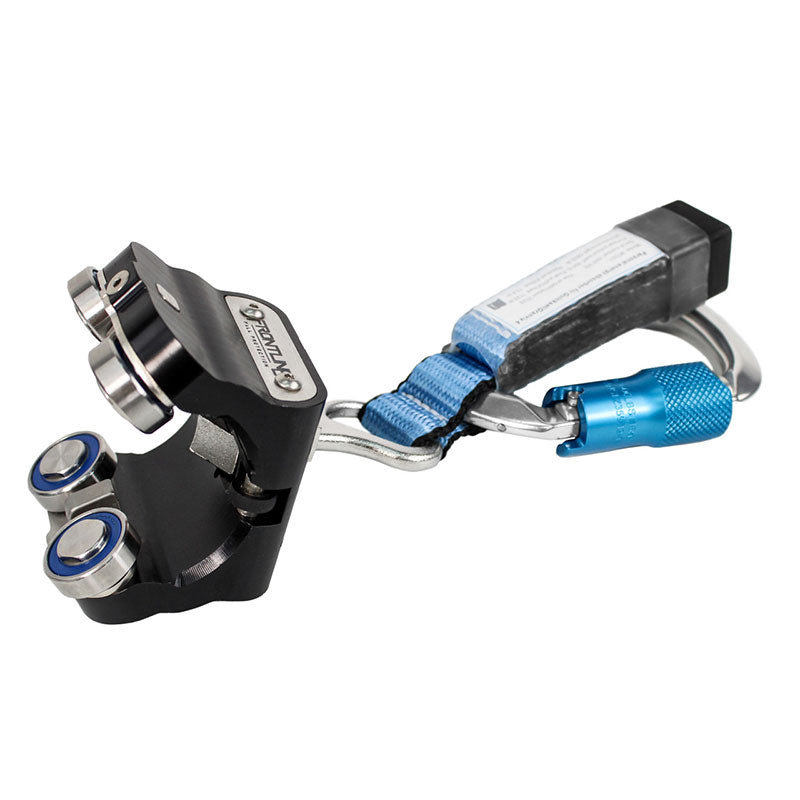 A black and silver Frontline Securail Vertical Fall Arrest Ladder System Trolley TRR38 by Frontline Fall Protection, featuring blue accents, is attached to a locking carabiner with a blue gate and blue nylon strap.