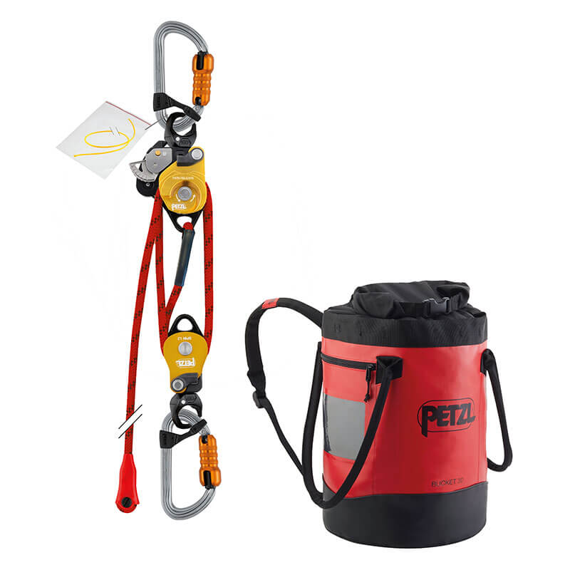 The climbing kit includes the Petzl Twin Release System P001EA00, featuring a red and orange pulley for industrial rescue, complete with a cord and carabiners. A red and black Petzl-branded backpack is also provided.