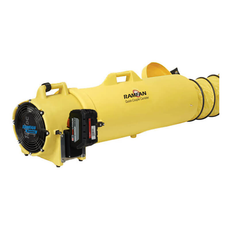 A Euramco RAMFAN UB20 18VDC and Quick-Couple Canister blower by Euramco, featuring a yellow canister with black fan, handle, and battery pack, delivers cordless turbo blower performance and is connected to a yellow flexible duct hose on the right side for efficient jobsite ventilation.