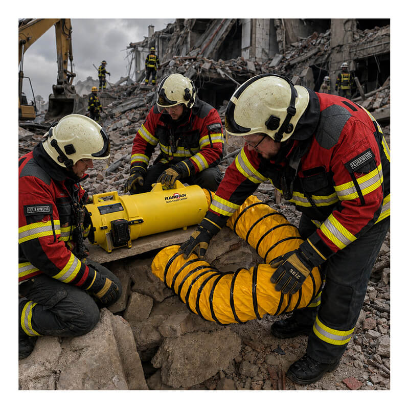 Three firefighters in red and black gear use a Euramco RAMFAN UB20 18VDC and Quick-Couple Canister ventilator hose amid rubble and debris, possibly performing a rescue or search operation at a disaster site, ensuring effective jobsite ventilation.