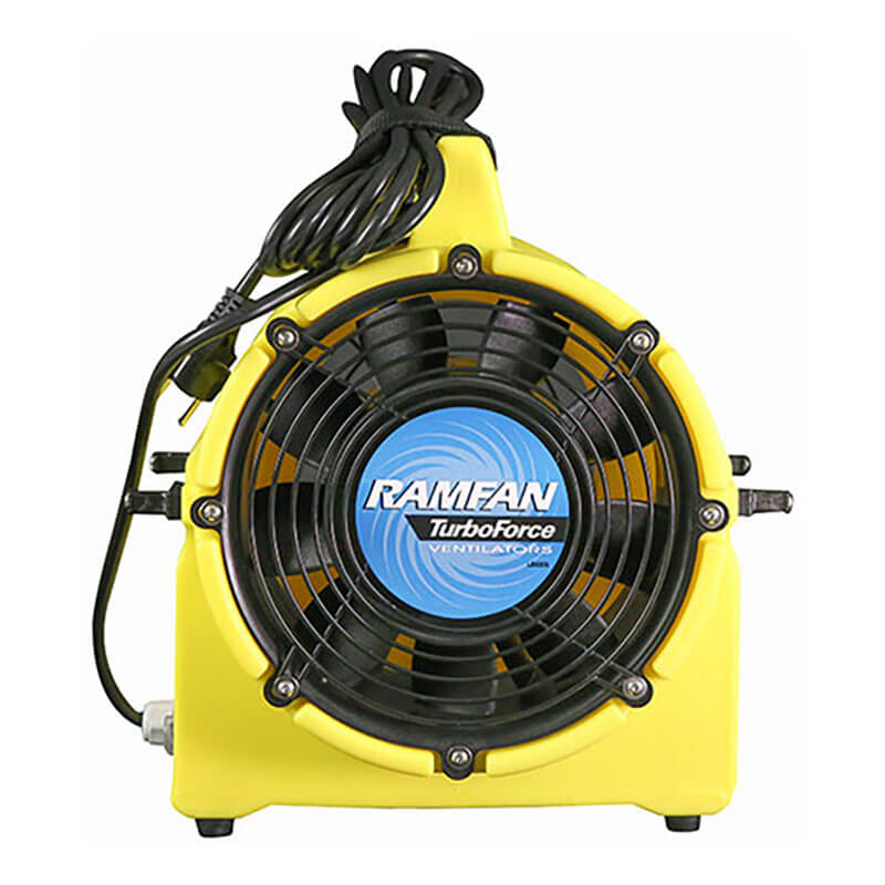 A yellow Euramco RamFan UB20 Blower with duct and canister (15 and 25 ft), featuring a coiled black cord on top and a blue logo on the front grill, is shown from the front against a white background—ideal for industrial use.