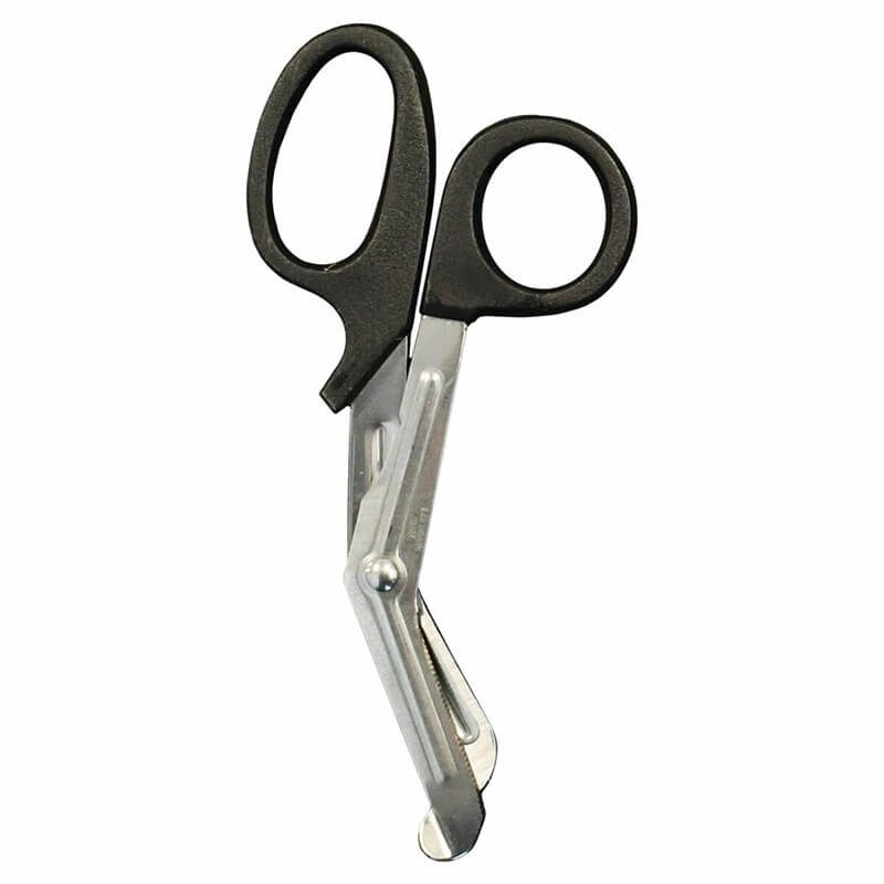 The Aero Healthcare RAPIDSTOP Bleed Control Kit EMS Pro includes trauma shears with black handles and angled stainless steel blades with a blunt tip, ideal for safely cutting clothing or bandages during hemorrhage control.