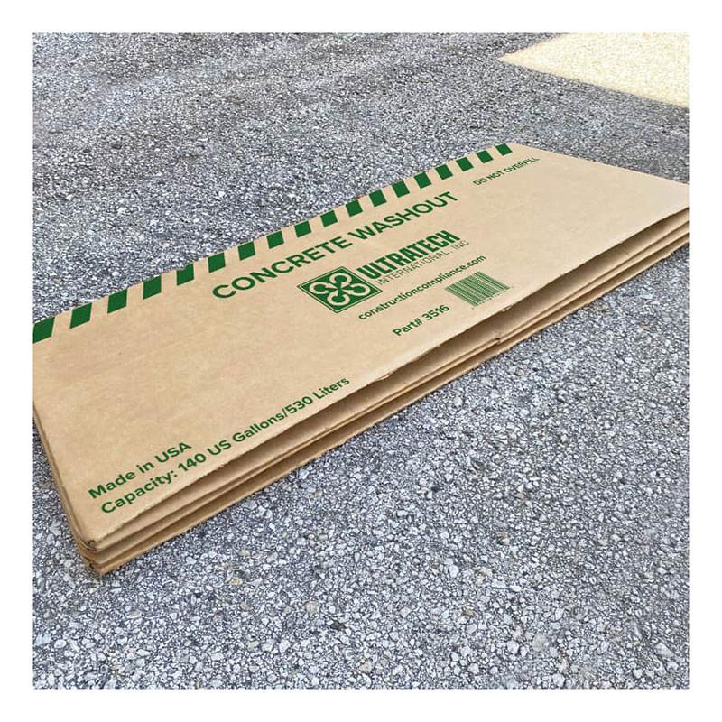 An UltraTech Concrete Washout Berms - Economy Model 351, labeled "Concrete Washout" in green text, detailing a capacity of 140 US gallons/530 liters, sits folded on a gray concrete surface. It acts as a temporary berm, ensuring compliance with EPA regulations.