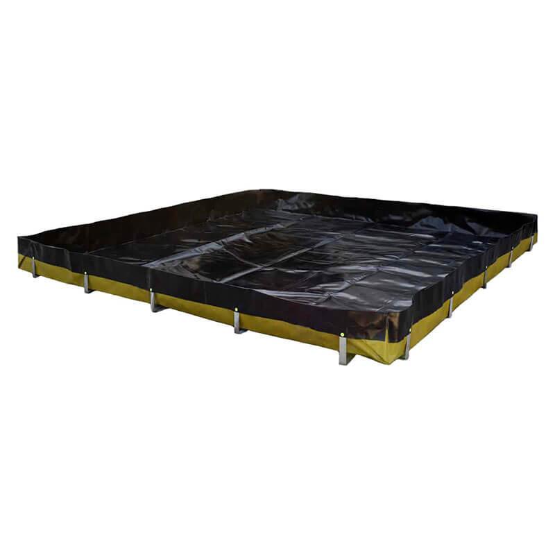 A large black UltraTech Ultra-Containment Berm Economy PE Model 824 with yellow edges, supported by a sturdy frame, is set up against a plain white background. Its high sides are designed for spill containment and can accommodate contents from a frac tank.