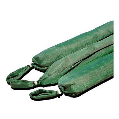 Three green filter socks from UltraTech International, similar in appearance to sandbags with handles on one end, are showcased against a white background. Perfect for stormwater protection, these UltraTech Filter Socks excel at effectively managing pollutant removal.