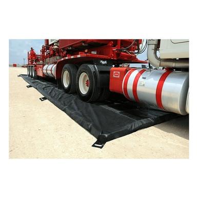 An UltraTech Foam Wall Model Containment Berm by UltraTech is positioned under a red and white truck on dirt, offering effective spill containment for potential vehicle leaks.