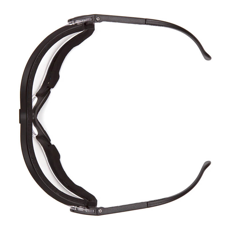 A pair of Pyramex Safety V2G Goggles GB18_0ST (12/box) seen from above, with arms extended and nose pads visible, combining style with essential eye protection.