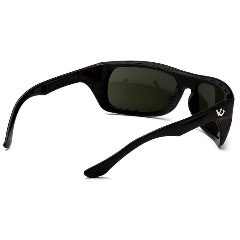 Pyramex Venture Gear Vallejo Sun Glasses VGSB9 by Pyramex Safety feature black wraparound polarized frames with dark lenses, glossy finish, and a silver logo on the temple. Ideal outdoor eyewear for sunny adventures.
