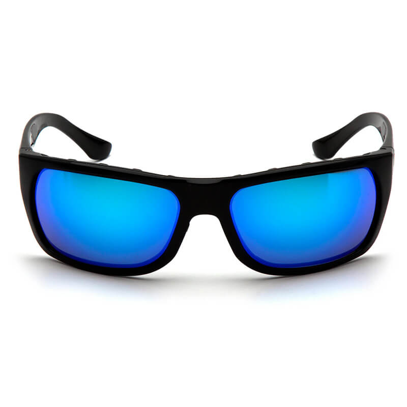 A pair of Pyramex Venture Gear Vallejo Sun Glasses VGSB9 by Pyramex Safety, featuring black frames and large reflective blue lenses, is displayed facing forward on a white background.