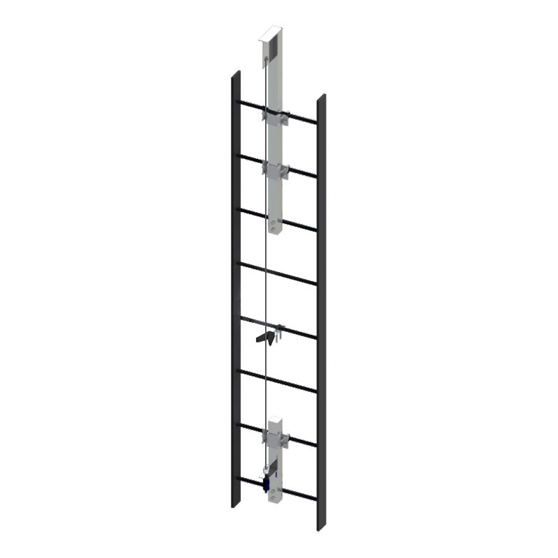 The French Creek Production Vertical Flexible Cable Climbing System features a silver-colored fall arrest device and a galvanized wire rope running along the ladder for enhanced climbing safety.