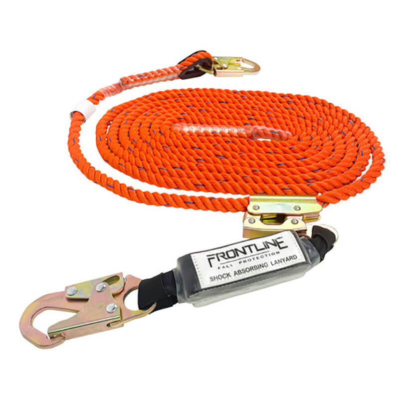 The Frontline Fall Protection Combat Plus Roofers Kit with 50' VLL RK050V50 includes a coiled orange rope lanyard with metal hooks and a shock absorber, ideal for fall protection safety and use with a safety harness.