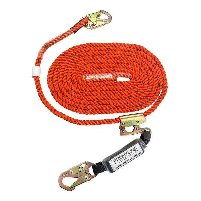 The Frontline Prem. Vertical Lifeline w/Rope Grab & Shock Pack by Frontline Fall Protection is an orange coiled safety rope with metal snap hooks and a labeled shock absorber, ideal for vertical lifeline fall protection.