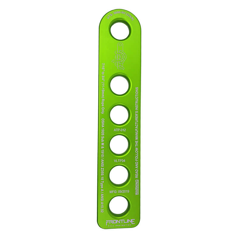 The Frontline Rope Termination Plate VLTP34 by Frontline Fall Production is a green, rectangular plate featuring six large circular holes in a row and white printed specs—ideal for rope access and fall protection tasks.