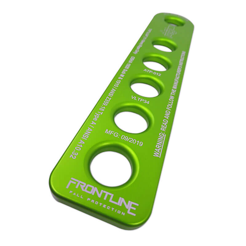 The Frontline Rope Termination Plate VLTP34 by Frontline Fall Protection is a green metal plate with five circular holes and white technical specs, designed for rope access and enhanced fall protection.