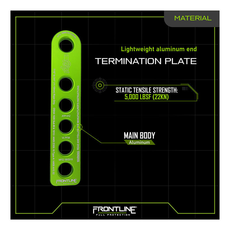 The Frontline Rope Termination Plate VLTP34 by Frontline Fall Protection is a green, lightweight plate with four holes and technical labels. It features a 5,000 lbs (22 kN) static tensile strength for fall protection; brand logo at the bottom.