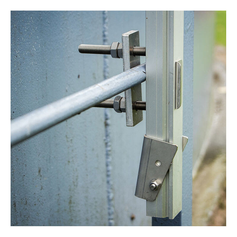 Close-up of the Frontline Securail Pro Vertical Lifeline System VLRS by Frontline Fall Protection, showing its gate bolt lock mechanism secured with nuts and bolts to a silver support bar on a blue metal surface.