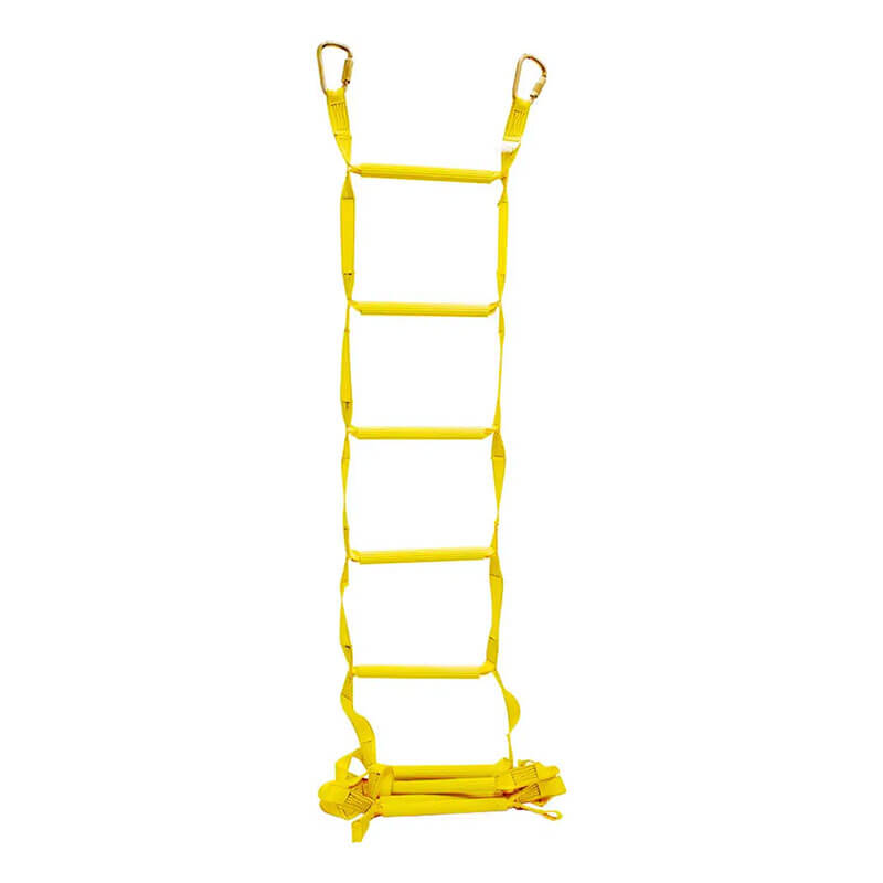 The French Creek Production French Creek Flexible Access Ladders WL, featuring high-strength webbing and sturdy metal hooks, hangs vertically for emergency use or escape against a white background.