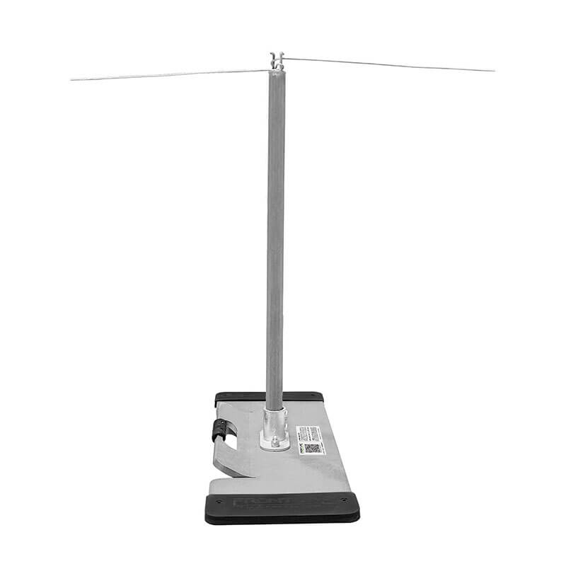 Featuring a metal base, tall vertical rod, and two thin horizontal wires, the Frontline Warning Line System with Base and Handle by Frontline Fall Protection resembles a classic science lab tool for fall hazard safety.